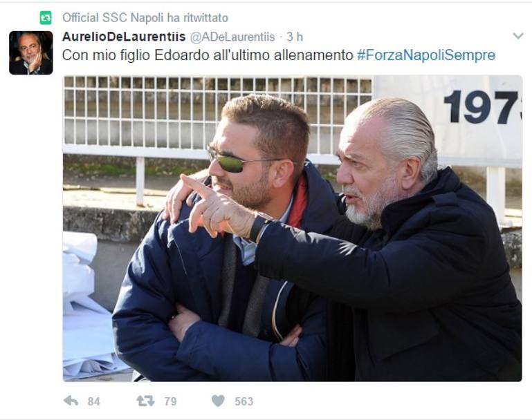 Aurelio De Laurentiis con il figlio Edoardo assistono alla rifinitura della squadra di Sarri a Madrid.